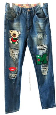 Bear‎ Patch Men's distressed slim straight jeans dark denim ripped denim 28x30